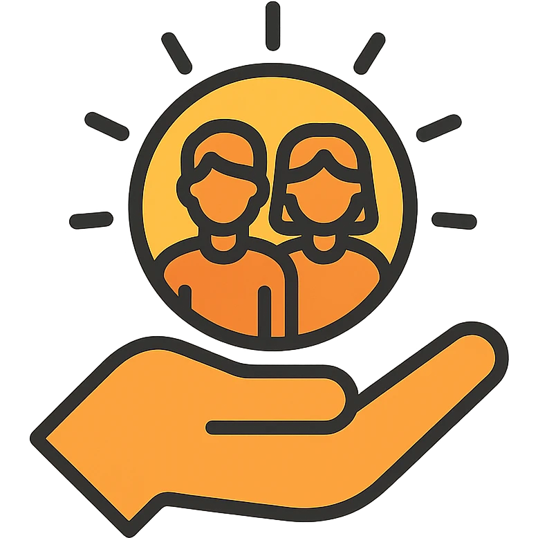 open hand holding a sun with young people silhouettes, hope and support, minimal design, warm yellow and orange tones, empowering futures of the youth emoji