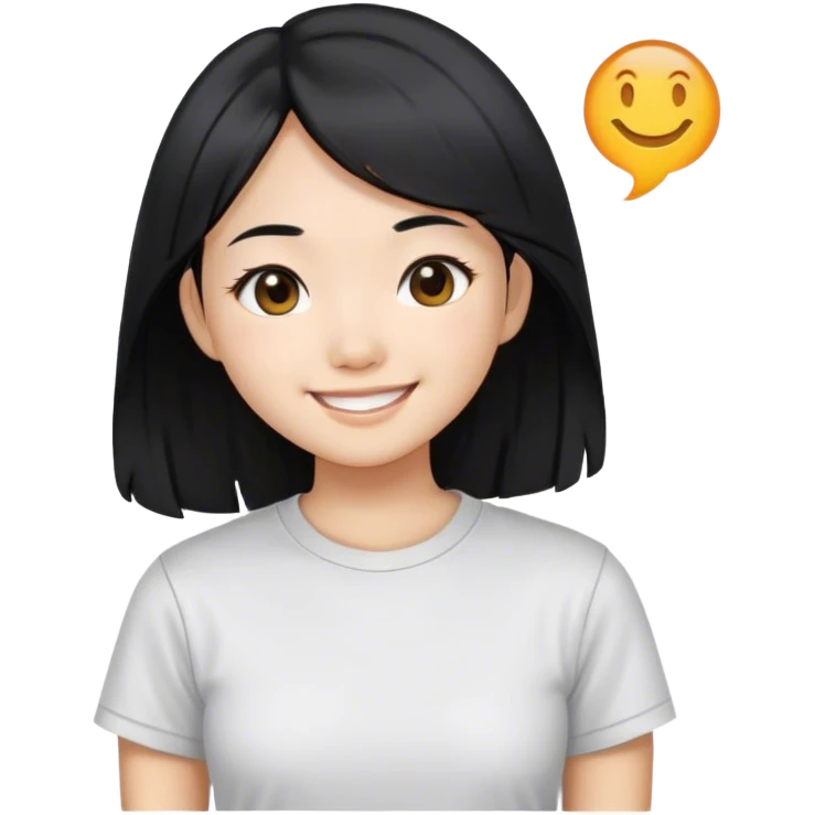 an asian girl with straight black hair, slight waves, smiling, wearing tshirt emoji