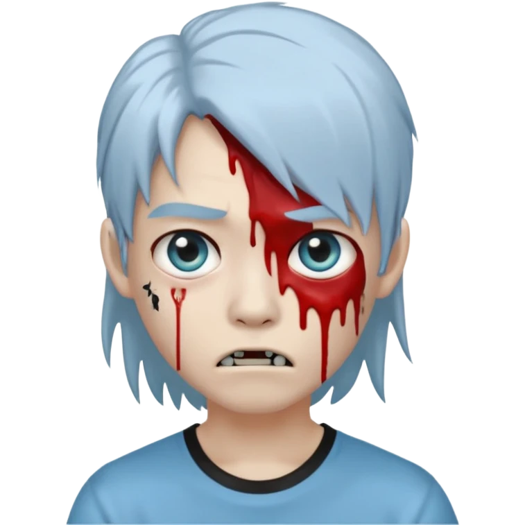 emoji-style avatar with very pale blue-grey zombie skin like , a young Asian face, and large eyes with blood tears. Give it white mullet-style hair, silver hoop earrings, and a simple black T-shirt. The expression should be neutral or slightly angry emoji