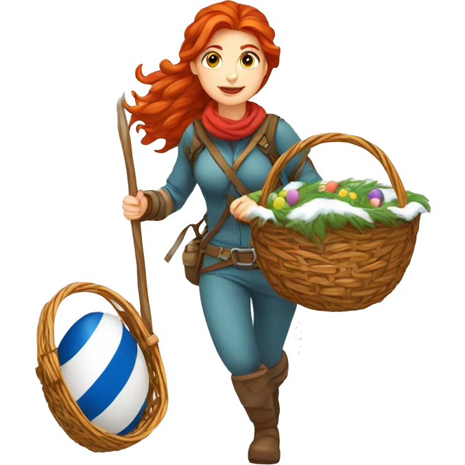 red hair female winter mountaineer climbing with Easter eggsbasket and Greek flag emoji