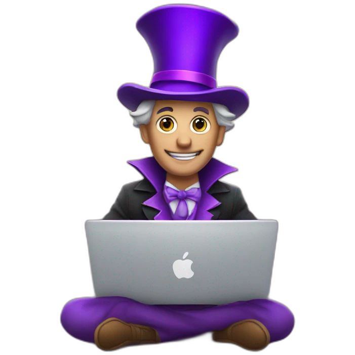 magician with a purple pointy magic hat with a star working on a macbook emoji