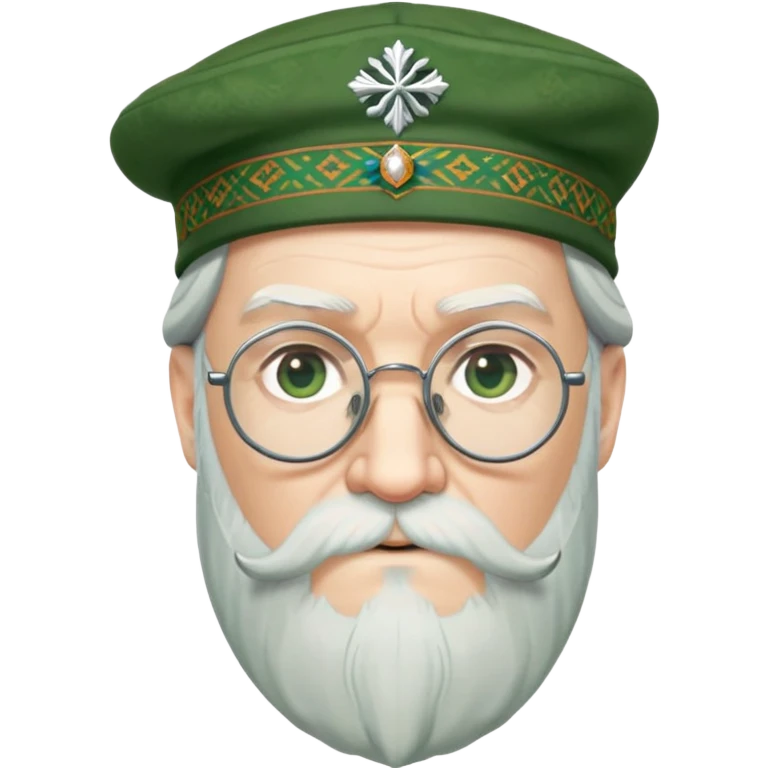 Dumbledore wear green scotland Tam o'shanter cap with decorative patterns, wear glasses, very long beard emoji