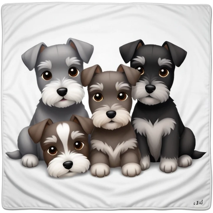 Three mini schnauzer dogs laying, cuddling on a blanket emoji