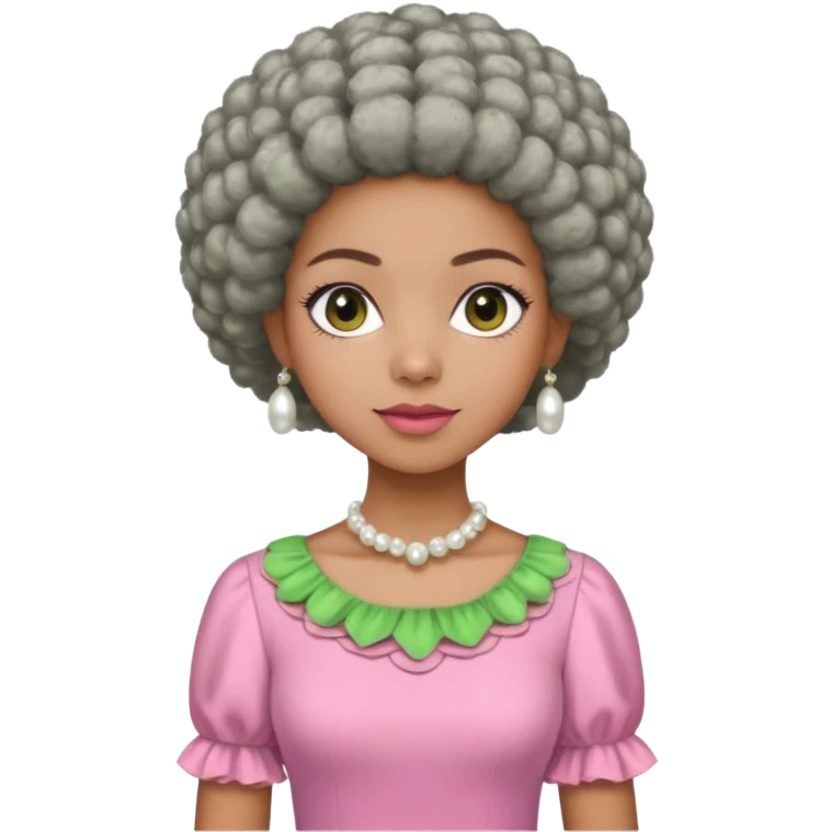 Pretty Brown woman with a very very short stylish gray Afro  wearing pink and green dress  and pearl blouse with sleeves emoji
