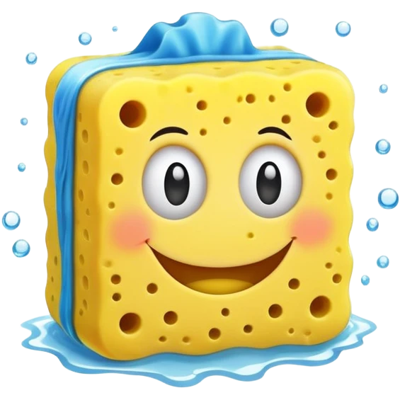 A happy yellow cleaning sponge with a smiling face emoji