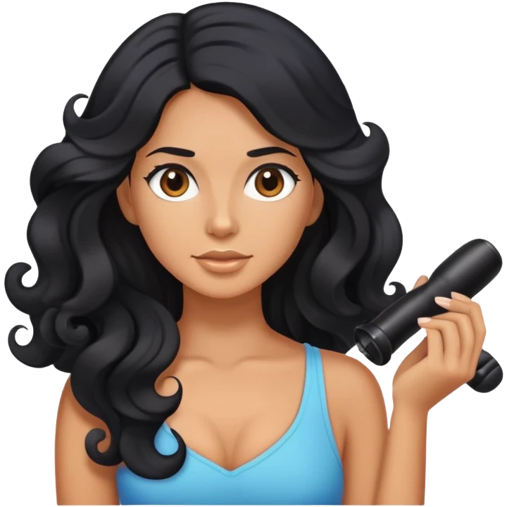 tanned woman with long black hair curling her hair, getting ready emoji