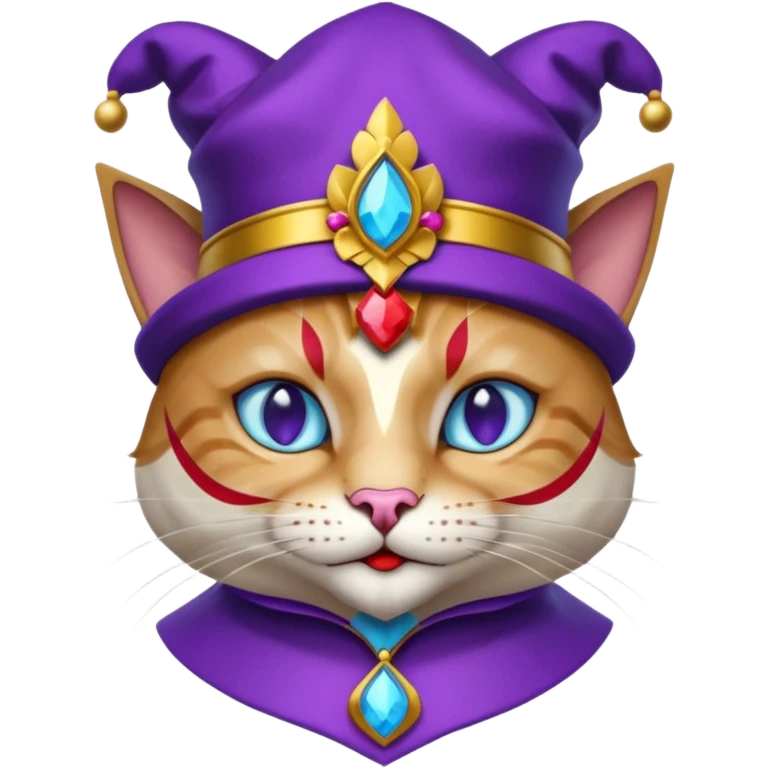 crazy colorful cute little cat jolly joker from poker, medieval, vintage, court jester, mac os icon, purple, gold and red color, half body, blue ice eyes. Squared shape as 3D mac os icon, symmetrical emoji