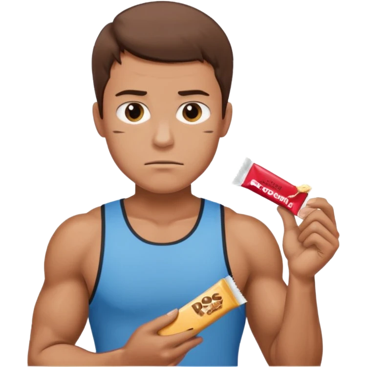 A male athlete holding a protein bar and frowning emoji