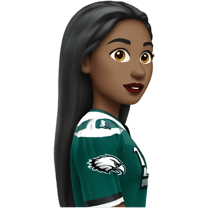 White female long dark hair red lips wearing Philadelphia Eagles jersey emoji