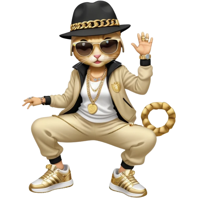 female cat wearing Run DMC hip-hop outfit with tracksuit, fedora, Adidas sneakers, dark sunglasses, many gold chains and bling accessories, break dancing emoji