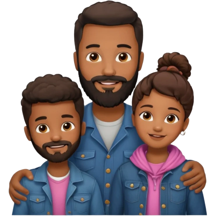 A loving black family of 4, with a father with a full beard, a son with a faint mustache and daughter, all dressed in urban chic clothing emoji