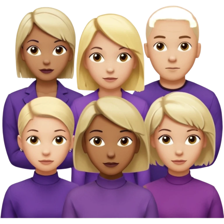 5 person team; 2 men and 3 women.  All dressed in yellow or purple.  1 caucasian woman with blonde mid length hair. 1 caucasian woman with blonde short length hair. 1 caucasian woman has ash blonde hair tied up. 1 man is African-american and bald, 1 man is caucasian and very little hair left.  
 emoji