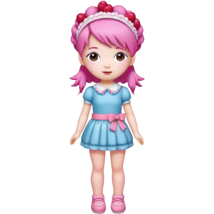 Isolated detaile illustration modern raspberry torte doll figurine full body with pink hair and a pink berry hairband standing emoji