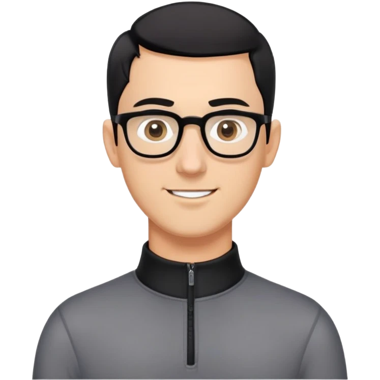 Caucasian man with black hair cut extremely short (almost buzz cut), short beard with gray streaks, large black eyeglasses, cheerful expression, black long sleeve shirt with quarter zip collar emoji