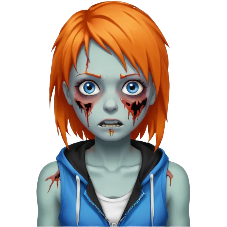 сделай рыжую девушку зомби с избитым лицом, не в полный рост, пусть ее рыжие волосы будут ниже груди с осветленными прядями, глаза у нее будут голубые, а одета она будет в дранную белую майку и черную зип худи emoji