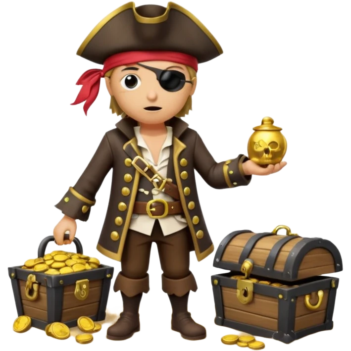 A 3D cartoon pirate character with one eye covered by a black eye patch, holding a treasure chest filled with gold coins and jewels, standing on sandy ground, wearing a pirate hat and coat, warm sunset lighting, realistic Memoji-style rendering. emoji