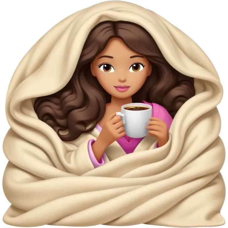 Barbie girl with a long wavy dark brown hair inside a cream blanket sipping coffee eyes closed emoji