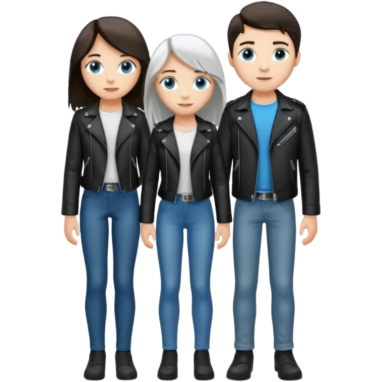 full-length couple, girl with long silver hair and blue eyes in black leather jacket, boy with dark brown hair in white shirt emoji