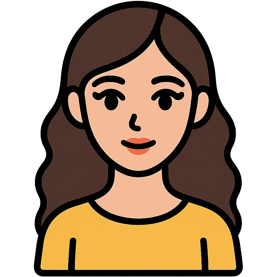 oval face with wide dark eyes and long eyelashes, soft nose and lips, light skin, long wavy dark brown hair, slim body, simple elegant clothes without hijab, colorful icon style with clear lines emoji