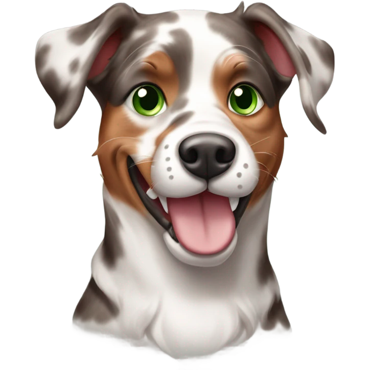 Happy Red Merle catahoula dog with green eyes and half white face emoji