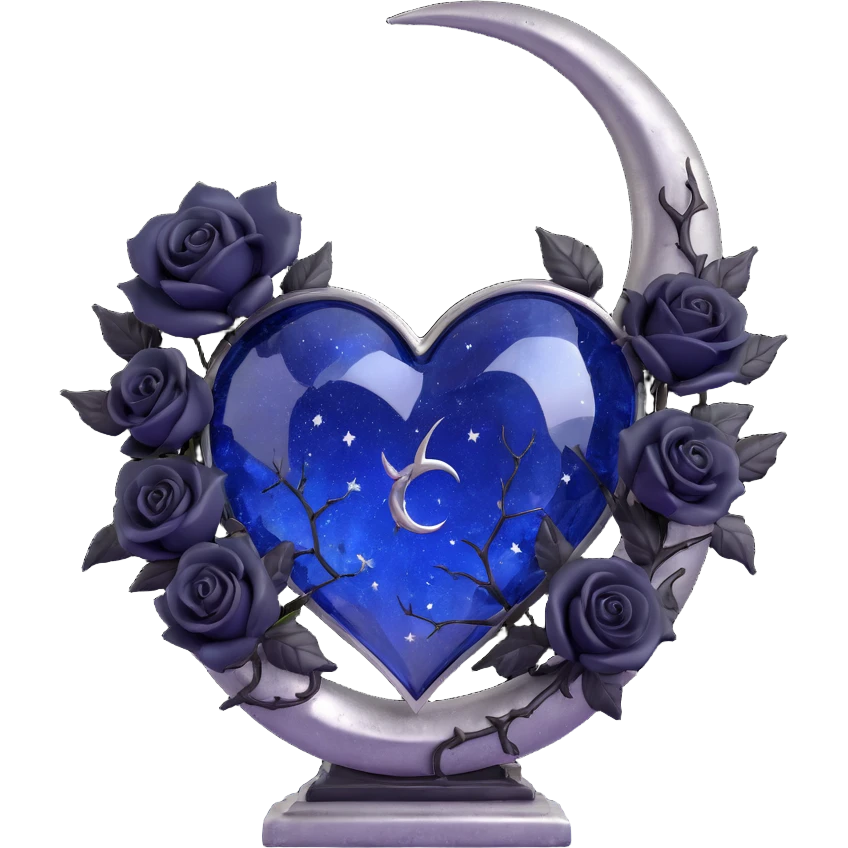 gothic heart, midnight blue glass, silver crescent moon, black roses, stardust, lightning, rain, cracked glass, vintage style emoji