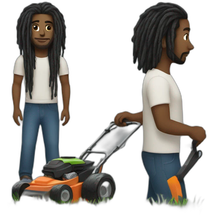 Black man with dreads with a lawn mower emoji