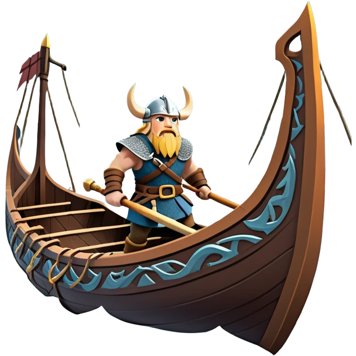 clash-of-clans-aesthetic_-cinematic-viking-longboat, rendered in a flat, bold vector style with minimal shading, featuring a striking dragon-headed prow slicing through icy, churning waters. shields on the side and vikings rowing The longboat’s intricately detailed shields and carved motifs evoke a sense of epic adventure and Nordic might, with billowing sails catching a dramatic, stormy sky backdrop. emoji