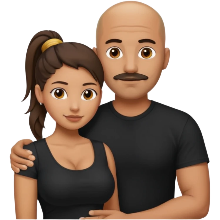 A picture of a tanned couple with the man's arm around the woman. the man is a Mexican man with tanned skin, a bald hair cut, short beard and wearing a black shirt. the woman is mixed, with curly hair in a pony tail, with big boobs  emoji