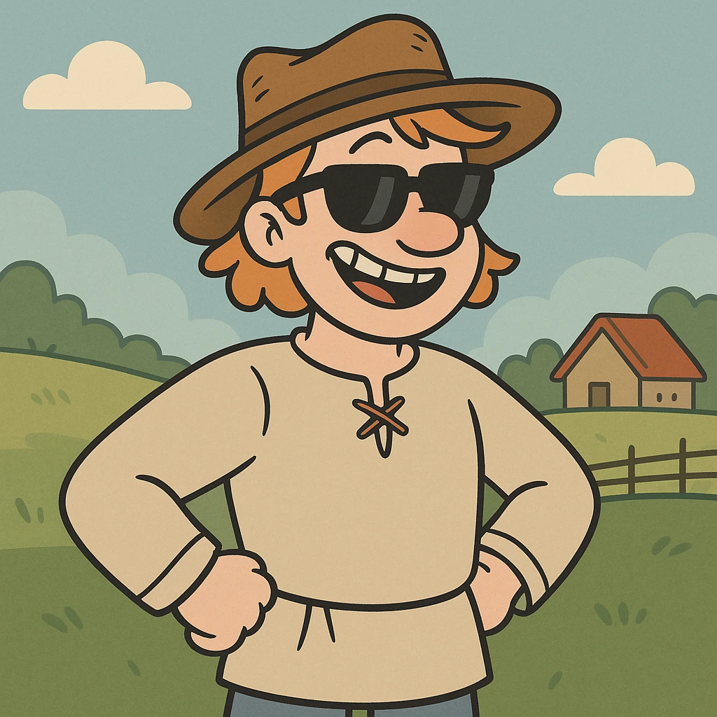 Ivan the Fool, sunglasses, playful grin, rustic hat, countryside setting, cartoon style emoji