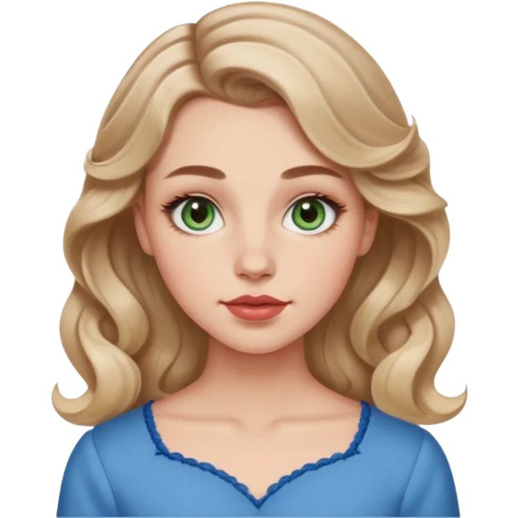 Generate an emoji of a white girl with a round face structure, light brown almost blonde loose curls, large forehead, brown arched brows, almond big green eyes with a lil blue in them, large rosy cheekbones and big rosy lips and a jawline emoji