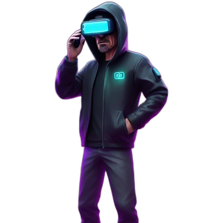 Walter White wearing a black hoodie with "OMG" letters on it and VR headset in a cyberpunk VR environment with violet neon lighting. emoji