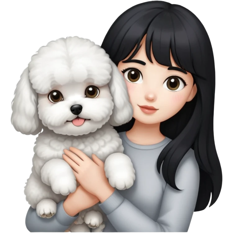 A girl with long black hair and airy bangs, fair skin, holding a gray Bichon Frise with white fur on its chest. emoji