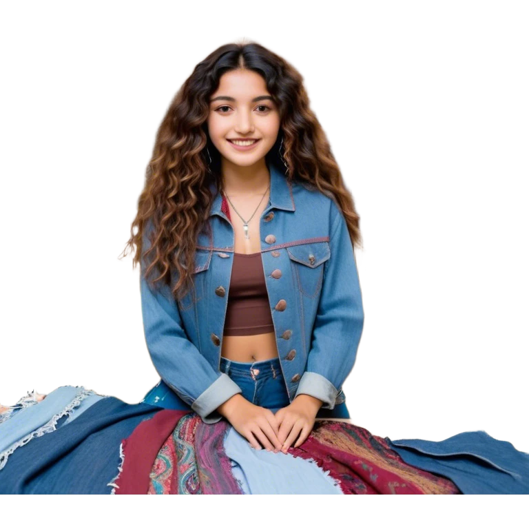A young 25-year-old Latina entrepreneur with long, wavy hair, brown eyes full of passion, and a friendly smile. She wears recycled boho-style clothing, with an intervened denim jacket and eco-friendly accessories. He is in a textile recycling workshop surrounded by reused fabrics, mannequins and sewing machines. The lighting is warm and inviting, with sustainable fashion sketches on the walls. Sofía is designing a unique garment, transmitting creativity and determination emoji