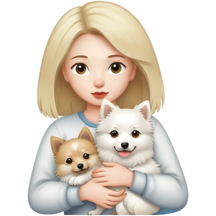 dark blonde girl with a pale skin holds a Japanese spitz dog in her arms emoji