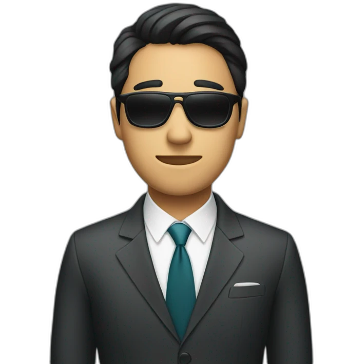 A person wearing a mask, sunglasses, and a suit with straight eyebrows emoji