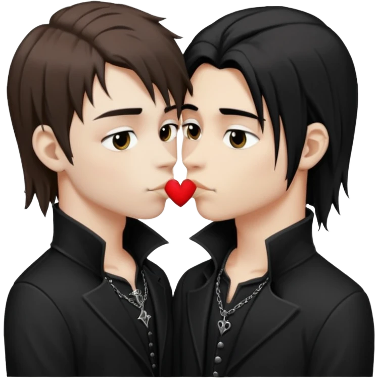 Goth Boys, one goth boy pale with brown hair the other a goth boy tan with long black hair, kissing emoji