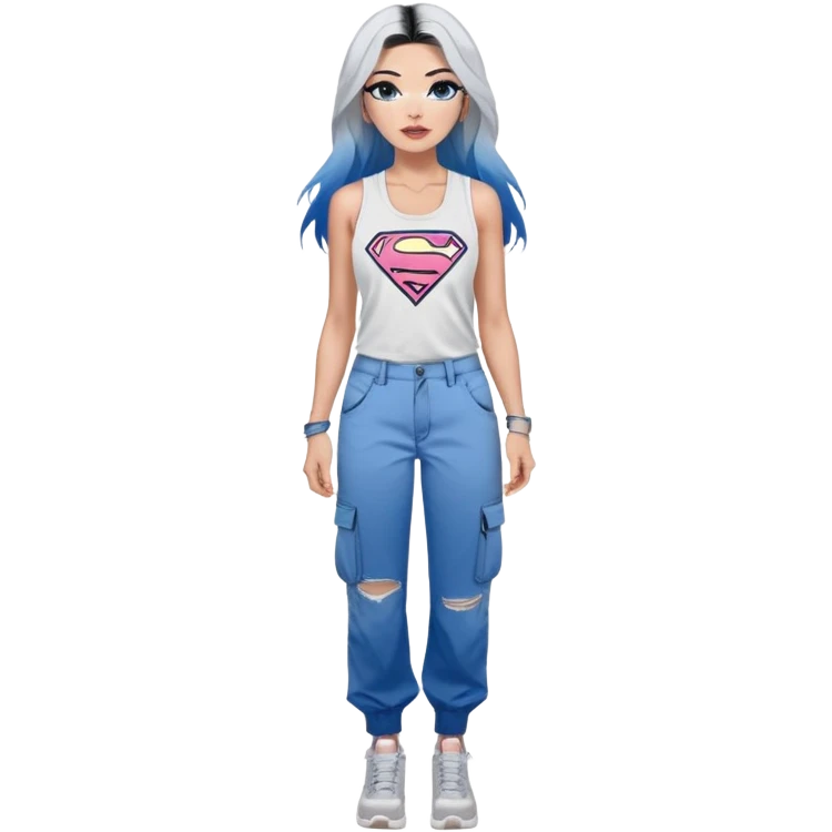 Tall-full body-long legs-huge female chest-very excited-very-beautiful-face-white torn cargo pants-light-pink-lips-very long-very-straight-dark-blue-ombre-hair-and-blue-eyes-thick-black-eyeliner-thick-long-eyelashes-sky blue-superman-low cut tank top-silver-hoop-earrings emoji