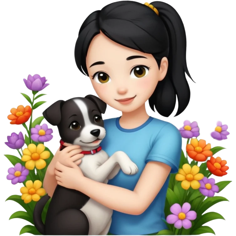 A beautiful girl with black ponytail and wearing short sleeves happily hugs a dog in the flowers emoji