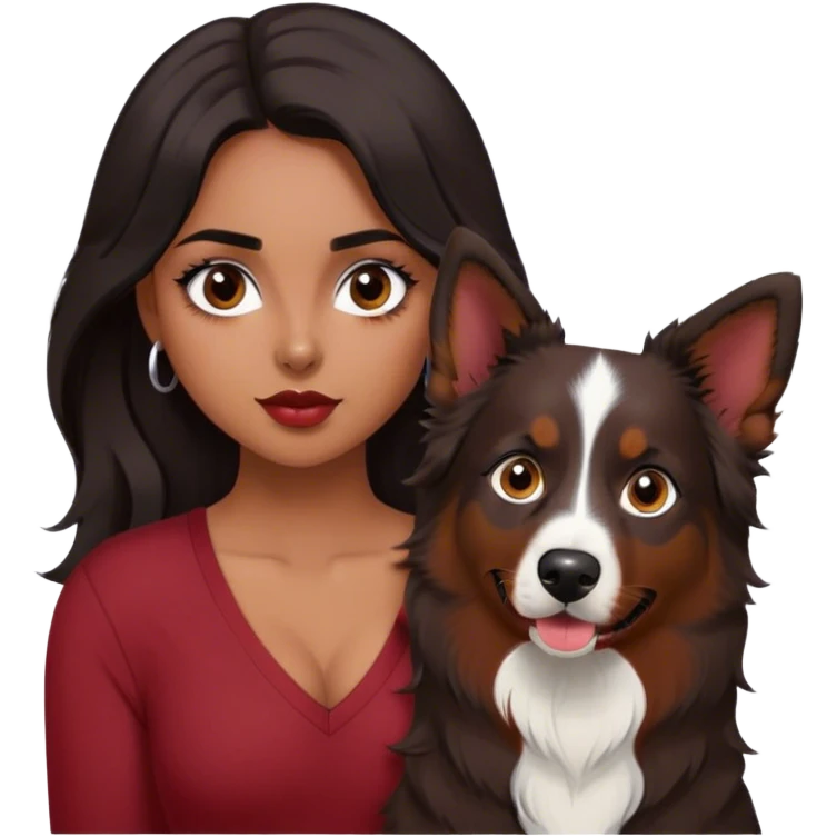 One latina girl with long beautiful dark hair and dark eyes in a dark red v neck and makeup with her black tri colored  Australian shepherd large emoji
