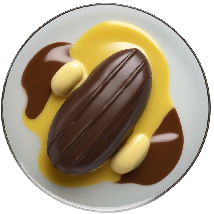Chocolate and vanilla quenelle on glass plate with 3 drops of yellow sauce emoji