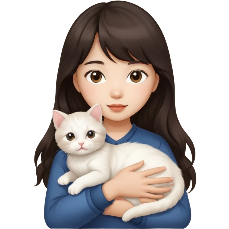 Asain girl with long wavy dark brown hair and bangs carrying a white kitten  emoji