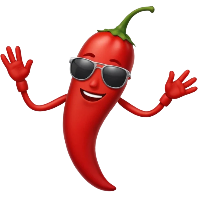 A chili pepper, with legs, arms, and a face. It can be seen wearing sunglasses emoji