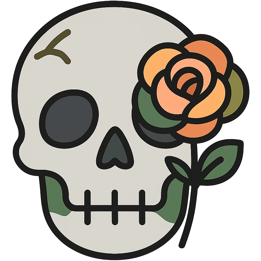 A light grey, slightly eerie skull with soft, rounded features and a haunting aura. One of its hollow eye sockets holds a delicate rose, its petals in shades of peach (FFCC9A) and soft orange (FA9B41), contrasting beautifully against the grey skull. The skull’s surface is textured with subtle hints of muted taupe brown (96775A) and deep forest green (4A7C5C), giving it a weathered, mystical look. The background is dark and atmospheric, with soft lighting highlighting the contrast between the cold, light grey of the skull and the warmth of the rose. The scene feels both macabre and elegant, with a touch of gothic beauty emoji