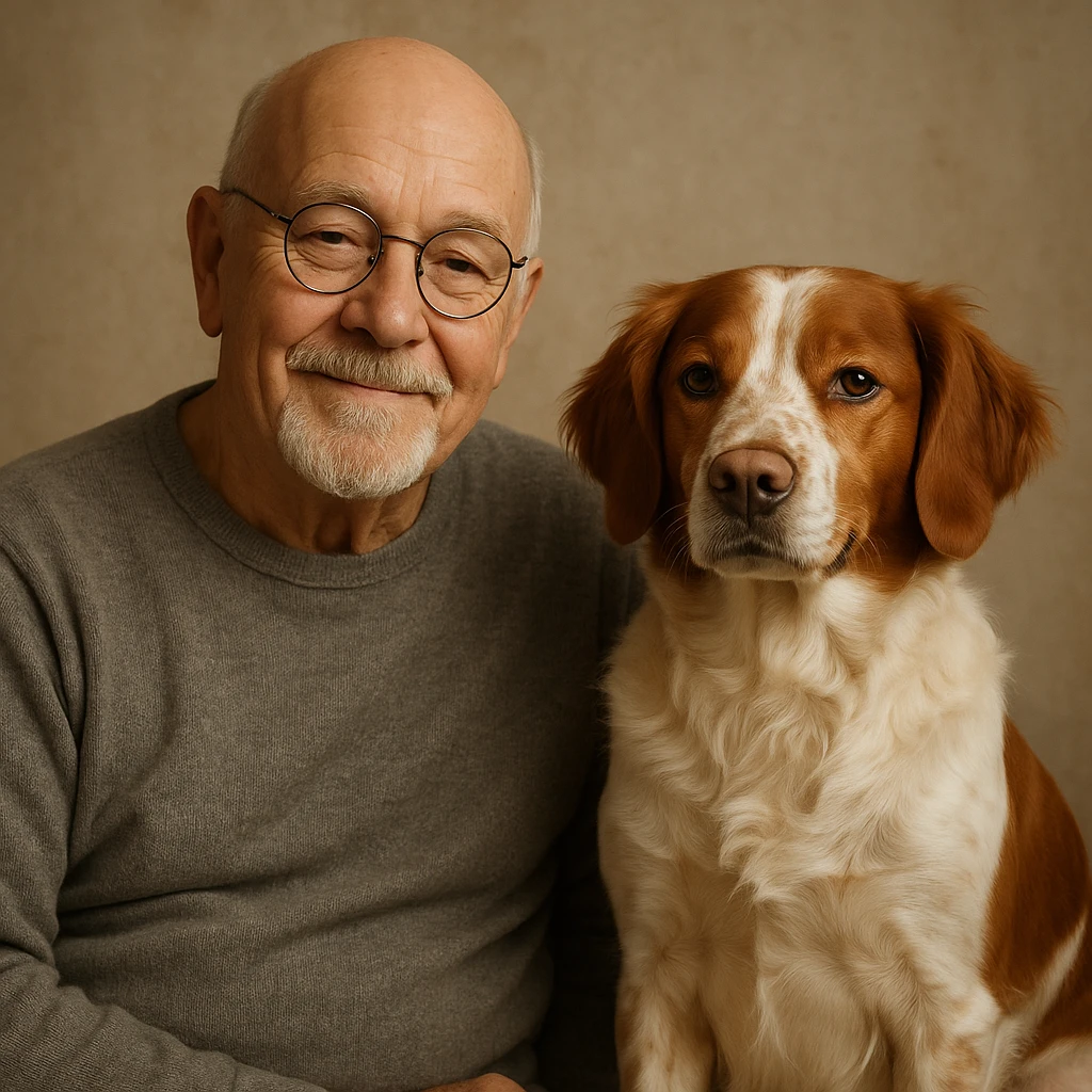 bald old man with round glasses and a grey goatee, sitting beside a Brittany Spaniel, both looking content emoji