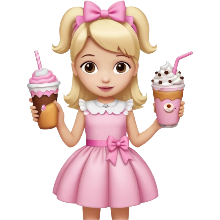 A little girl with a Dunkin' milkshake and a donut with pink frosting and marshmallows, wearing a pink coquette-style dress with bows and blonde hair. emoji