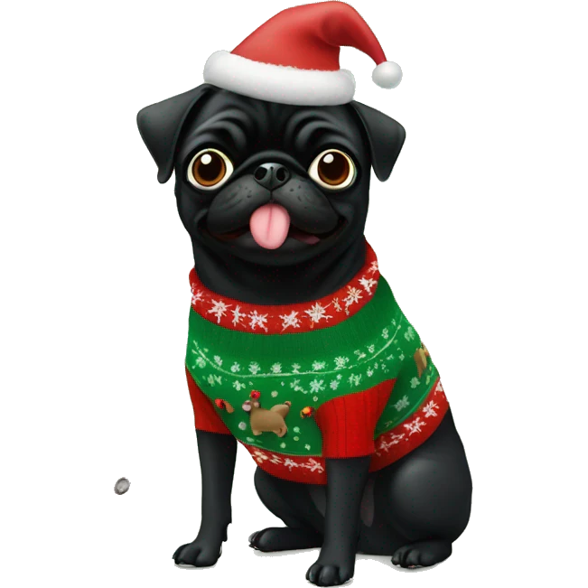 Black pug in Christmas tree sweater with mouthful of treats emoji