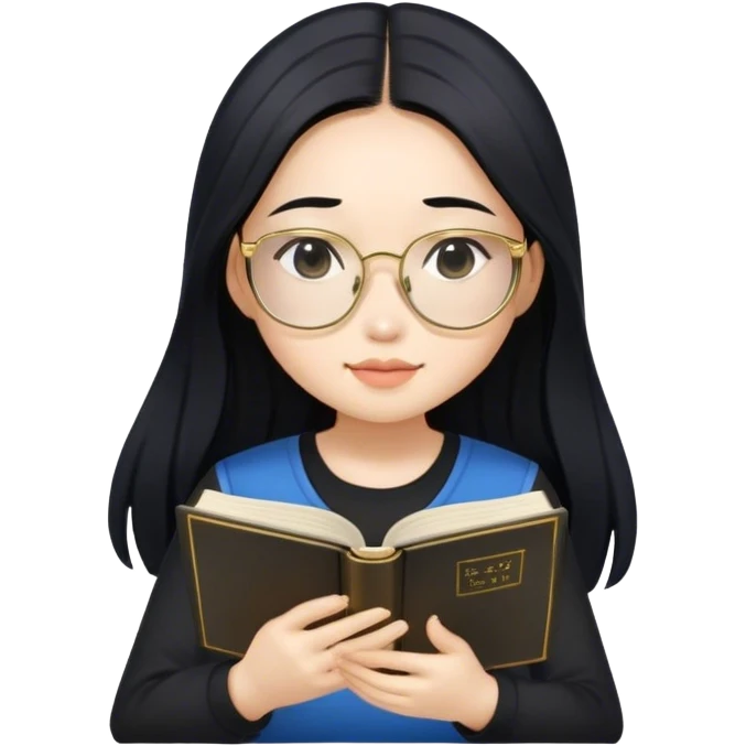 pretty asian girl sitting reading a blue book black top gold glasses black hair emoji