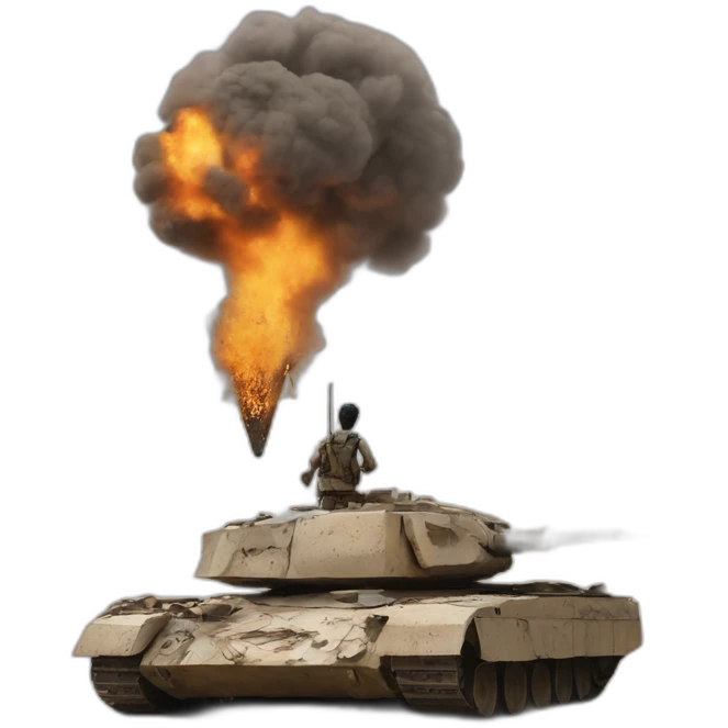 A destroyed tank with an Arab fighter above it emoji