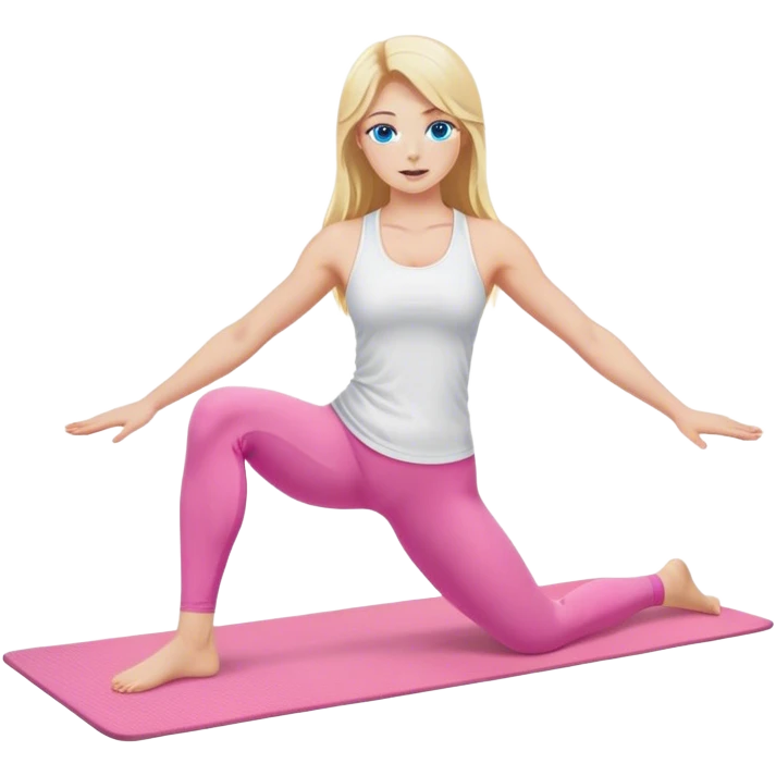 A cinematically realistic blonde with long hair and blue eyes, dressed in a white top and pink leggings, performs a sports exercise on a mat emoji