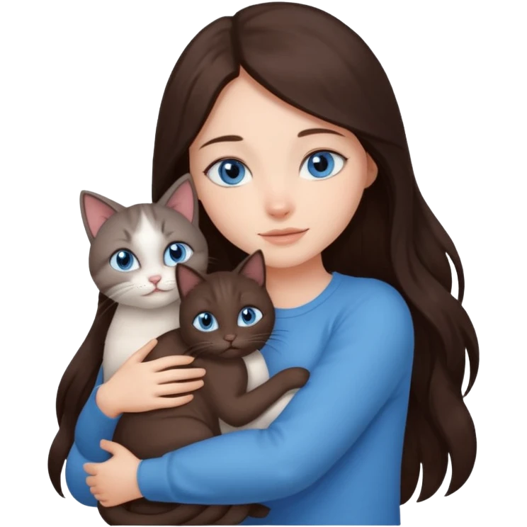 a pretty girl with long dark 
brown hair, with blue eyes, hugs 3 different natural coloured small cats emoji